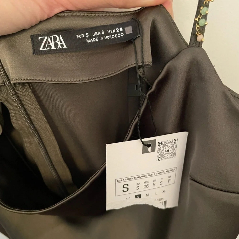 ZARA | NWT Satin Effect Beaded Slip Midi Dress in Khaki/Olive Green, Size Small - Picture 9 of 12